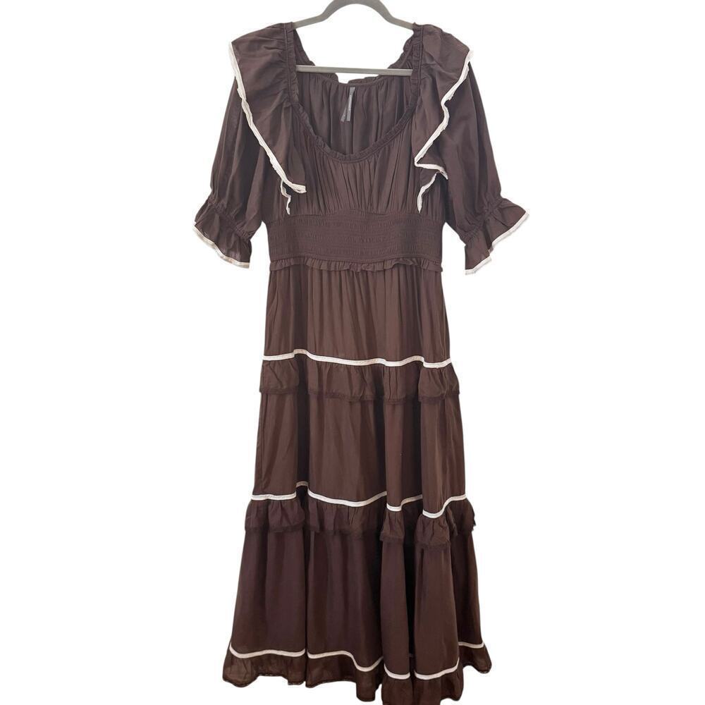 Anthropologie Puff Sleeve Scoop-Neck Tiered Maxi Dress Brown Western Size L - Picture 4 of 12